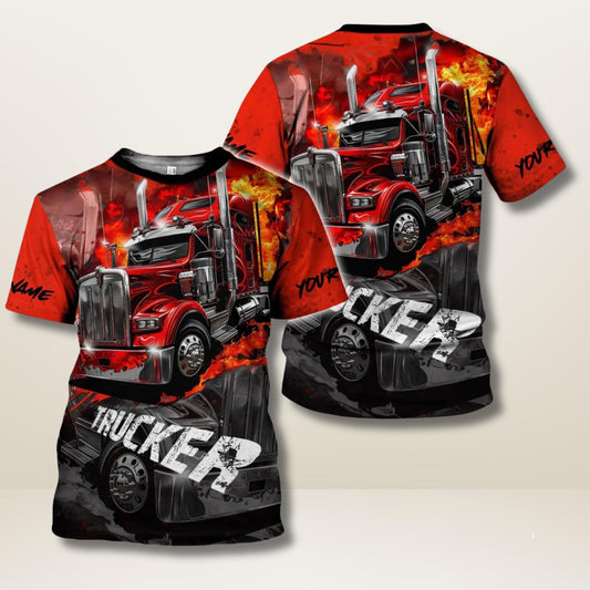 Joycorners Trucker Shirt, Hoodie, or Sweatshirt – Custom Name Red Flame Semi-Truck Design LM2209