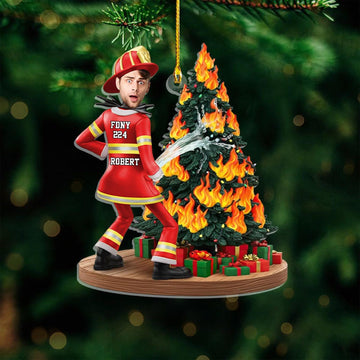 Joycorners Custom Funny Face Firefighter Christmas Ornament, Personalized Firefighter Christmas Ornament, Christmas Gift for Husband, Funny Photo
 2D Flat LM1711