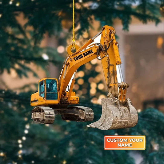 Joycorners Personalized Excavator Heavy Equipment Custom Shaped Ornament, Truck Excavator Flat Acrylic Christmas Ornament, Gift For Kids 3