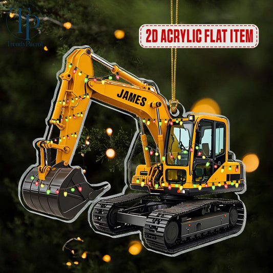 Joycorners Personalized Excavator Xmas Ornament, 2D Flat Excavator Ornament, Driver Gift, Custom Name Construction Ornament, Christmas Gift For Boy