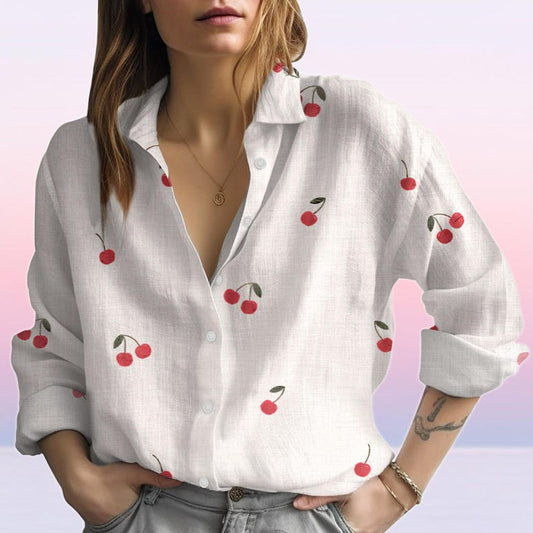 Joycorners Cherry Blouse, Summer Vibe Blouse Shirt, Nature Lover Women Shirt, Vintage Botanical Women Blouse, Womens Fruit Blouse, Gift For Her