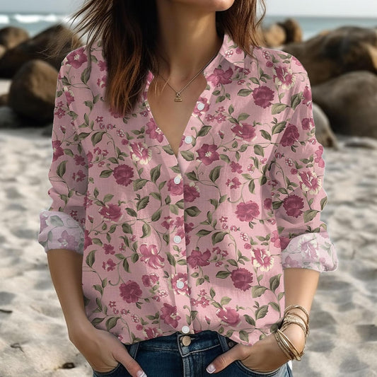 Joycorners Romantic Pink Floral Blouse Shirt, Vintage Burgundy Flowers Inspired Women Shirt, Retro Summer Outfit, Birthday Gift For Her