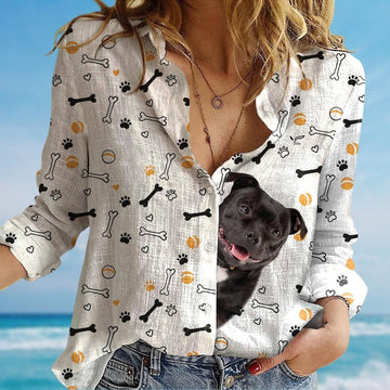 Joycorners Staffordshire Blouse, Cute Dog Women Shirt, Pet Lovers Shirt, Tropical Long Sleeve Shirt, Cute Puppy Blouse Women, Gift For Her