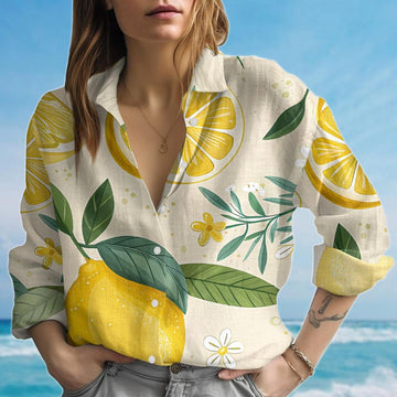 Joycorners Lemon Print Blouse Shirt, Summer Fruit Women Shirt, Cute Citrus Pattern Shirt, Beach Vacation Outfit, Blouse Women, Gift For Her