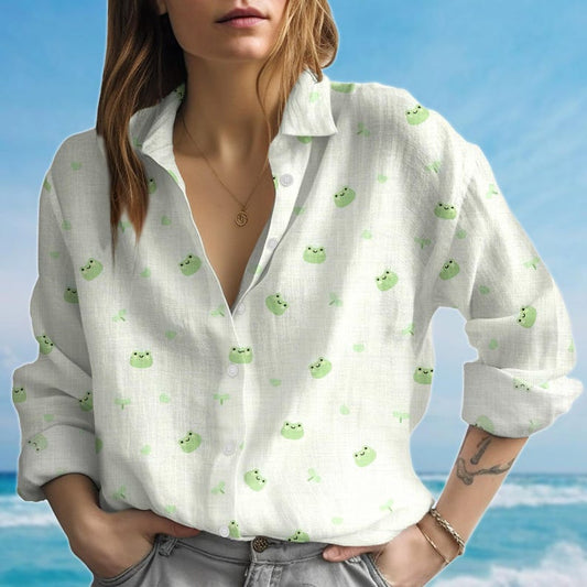 Joycorners Cute Frog Print Blouse Shirt, Kawaii Frog Women Shirt, Summer Casual Blouse, Cottagecore Shirt, Pastel Aesthetic Top, Gift For Her