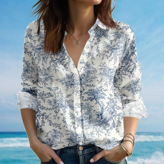 Joycorners French Toile Blouse Shirt, Vintage Blue And White Women Shirt, Elegant Women Button Shirt, Romantic Cottagecore Shirt, Gift For Her