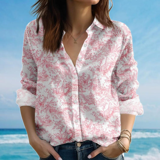 Joycorners Pink Toile Blouse Shirt, French Vintage women shirt, Romantic Cottagecore Long Sleeve Shirt, retro women blouse shirt, Gift for Her