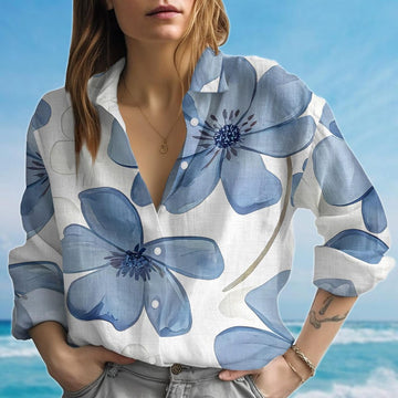 Joycorners Bold Blue Floral Blouse Shirt For Women, Flower Button Down Blouse, Lightweight Casual Vacation Top, Summer Vibes Shirt, Gift For Her