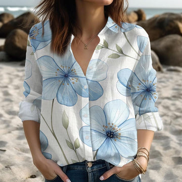 Joycorners Elegant Blue Floral Blouse Shirt, Flowers Summer Beach Outfit, Light Vacation Women Shirt, Nature Lovers Shirt, Birthday Gift For Her