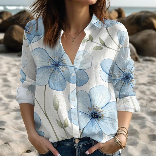 Joycorners Elegant Blue Floral Blouse Shirt, Flowers Summer Beach Outfit, Light Vacation Women Shirt, Nature Lovers Shirt, Birthday Gift For Her