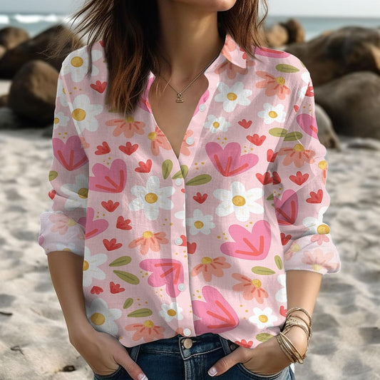 Joycorners Pink Floral Blouse Shirt For Women, Colorful Summer Blouse Button Up Shirt, Big Daisy Women Shirt, Cute Retro Beach Outfit Gift Idea