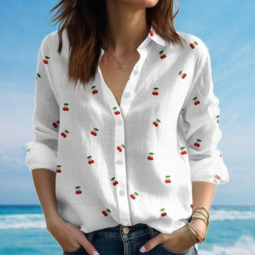 Joycorners Cherry Blouse Shirt For Women, Cute Fruit Casual Shirt, Soft Spring Summer Shirt, Retro Picnic Shirt, Vacation Shirt, Gift For Her