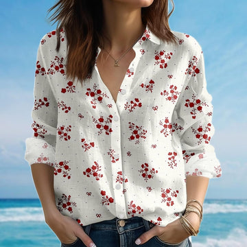 Joycorners Red Floral Blouse Shirt, Small Flower Women Shirt, White Look Spring Shirt, Cute Casual Shirt For Her, Birthday Gift For Friends