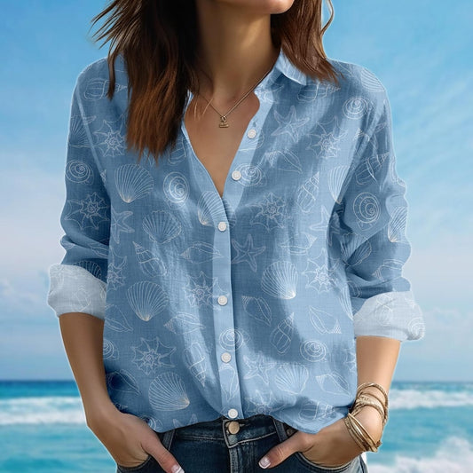 Joycorners Vintage Sea Shell Blouse Shirt, Ocean Women Shirt, Casual Summer Beach Shirt, Family Vacation Trip Shirt, Birthday Gift For Her