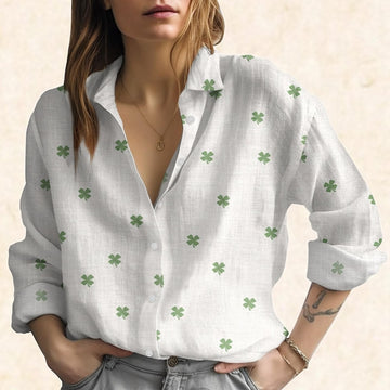 Joycorners Lucky Clover Blouse Shirt, Four Leaf Clover Shirt, Minimalist Women Shirt, Casual Green Leaf Shirt, Vacation Summer Shirt, Gift For Her