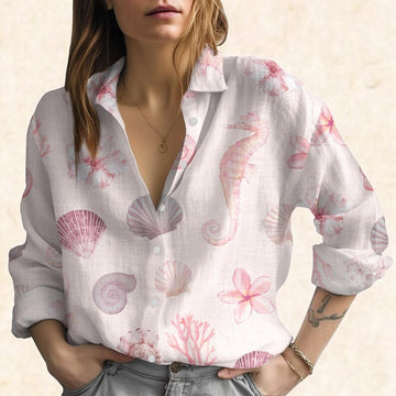 Joycorners Seahorse Seashell Coral Blouse Shirt, Beach Ocean Women Blouse, Pastel Summer Shirt For Women, Coastal Vacation Outfit, Sea Life Gift