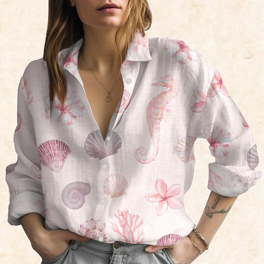 Joycorners Seahorse Seashell Coral Blouse Shirt, Beach Ocean Women Blouse, Pastel Summer Shirt For Women, Coastal Vacation Outfit, Sea Life Gift