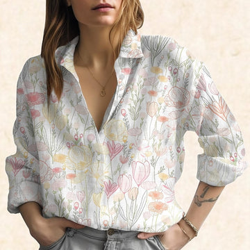 Joycorners Pastel Wildflower Blouse Shirt, Floral Button Down Blouse, Spring Summer Shirt For Women, Botanical Shirt, Garden Lover Gift
