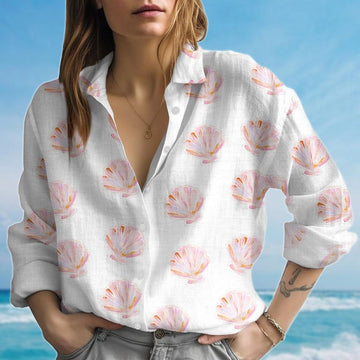 Joycorners Seashell Blouse Shirt Women, Beach Women Button Up, Summer Coastal Vacation Shirt, Ocean Aesthetic Shirt, Birthday Gift For Her