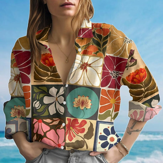 Joycorners Retro Floral Blouse Shirt, Colorful Flower Button Up Women, Vintage Aesthetic Long Sleeve Shirt, Boho Spring Summer Shirt, Gift For Her