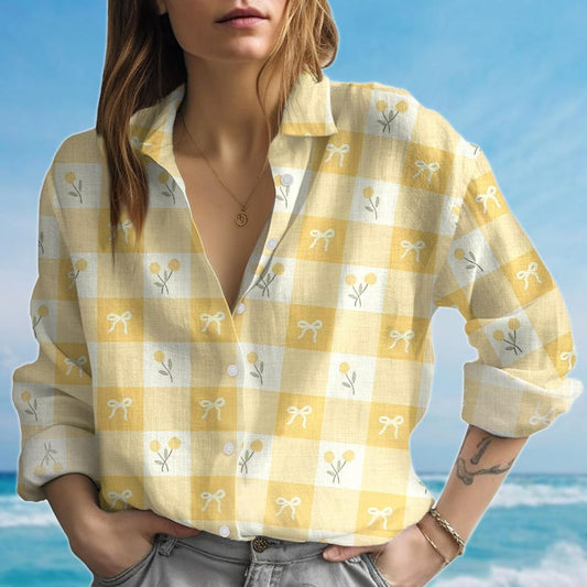 Joycorners Yellow Gingham Floral Bow Blouse, Cute Button Up Women, Summer Cottagecore Top, Lightweight Vintage Women Shirt, Birthday Gift For Her