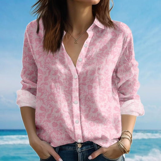 Joycorners Pink Toile Blouse Shirt, Vintage Floral Women Shirt, Romantic Cottagecore Shirt, Spring Casual Shirt, Birthday Gift Idea For Her