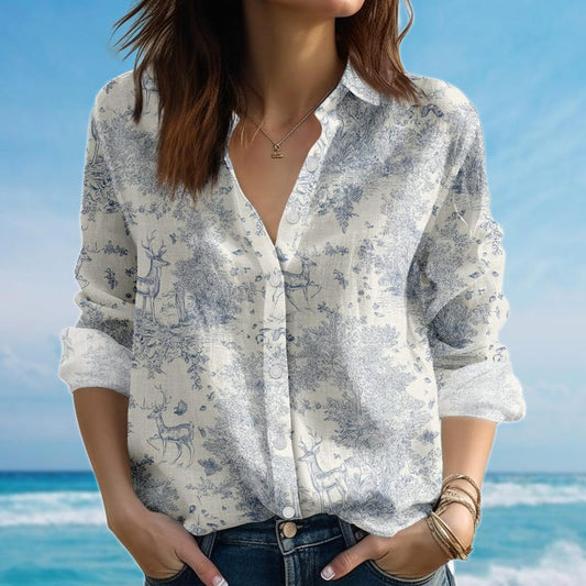 Joycorners Forest Deer Toile Blouse Shirt, Vintage Nature Women Shirt, Fall Cottagecore Casual Shirt, Elegant Shirt For Women, Birthday Girls Gift