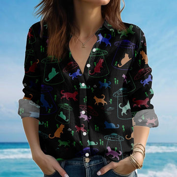 Joycorners Alien Cat Abduction Blouse Shirt, Ufo Women Shirt, Funny Scifi Cat Shirt, Retro Spacecore Aesthetic Shirt, Casual Shirt, Gift For Her