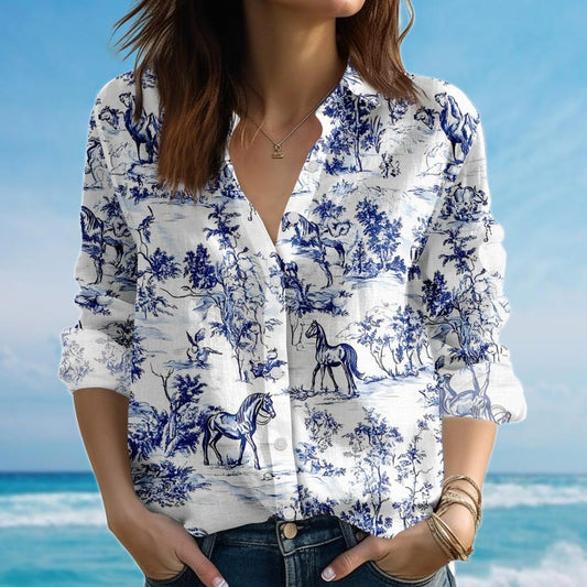 Joycorners Horse Print Toile Blouse Shirt, Blue White Equestrian Shirt, Country Cottagecore Women Shirt, Vintage Horse Casual Shirt, Gift For Her