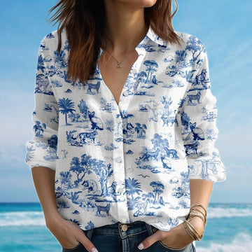Joycorners Blue Safari Animal Blouse Shirt, Wildlife Women Shirt, Jungle Animal Shirt, Summer Safari Shirt For Women, Birthday Gift For Her