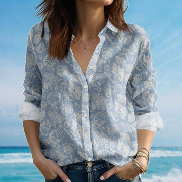 Joycorners Seashell Blouse Shirt, Casual Women Shirt, Ocean Summer Long Sleeve, Nautical Casual Shirt, Vacation Beach Shirt, Gift For Her