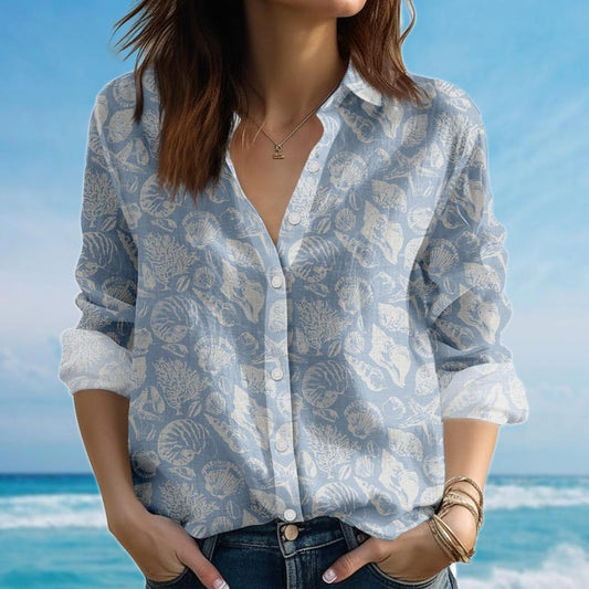 Joycorners Seashell Blouse Shirt, Casual Women Shirt, Ocean Summer Long Sleeve, Nautical Casual Shirt, Vacation Beach Shirt, Gift For Her