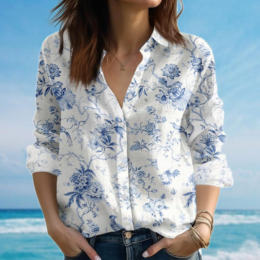 Joycorners Blue Floral Bird Blouse Shirt, Vintage Toile Women Shirt, Casual Lightweight Shirt For Women, Nature Lovers Casual Shirt, Gift For Her