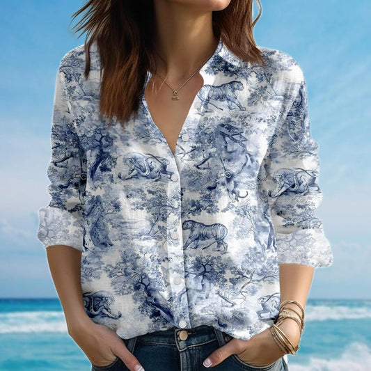 Joycorners Blue Safari Toile Blouse Shirt, Jungle Animal Women Shirt, Vintage Long Sleeve Shirt, Wildlife Shirt For Women, Gift For Her