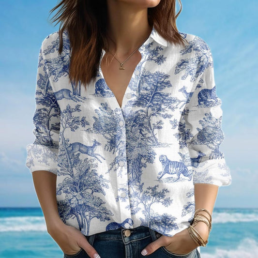 Joycorners Toile De Jouy Animal Blouse Shirt, Blue Safari Wildlife Shirt, Long Sleeve Shirt Women, Vintage Jungle Casual Shirt, Gift For Her