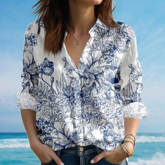 Joycorners Blue Floral Blouse Shirt, Porcelain Long Sleeve Shirt, Vintage Botanical Shirt, Lightweight Spring Shirt For Women, Gift For Her