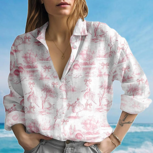 Joycorners Balletcore Blouse Shirt, Vintage Pink Toile Shirt For Women, Fairycore Casual Shirt, Family Vacation Shirt, Birthday Gift For Her