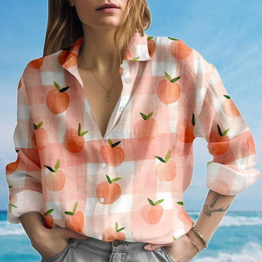 Joycorners Peach Gingham Blouse Shirt, Pink Fruits Women Shirt, Plaid Fruit Casual Shirt, Summer Cottagecore Aesthetic Shirt, Funny Gift