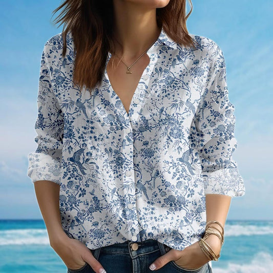 Joycorners Retro Bird Toile Blouse Shirt, Vintage Blue And White Women Shirt, Elegant Women Top, French Cottagecore Romantic Shirt, Gift For Her
