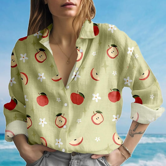 Joycorners Apple Blouse Shirt, Red Apple Women Shirt, Fruit Floral Casual Shirt, Summer Cottagecore Shirt, Cute Women Blouse, Gift For Her
