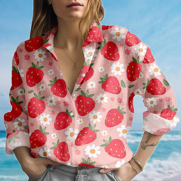 Joycorners Strawberry Floral Blouse Shirt, Cute Red Fruit Women Shirt, Summer Berry Casual Shirt, Funny Fruit Shirt For Women, Gift For Her