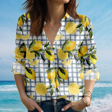 Joycorners Lemon Plaid Blouse Shirt, Yellow Citrus Casual Shirt, Fresh Summer Fruit Top, Blue Gingham Lemon Print Shirt For Women, Gift For Her