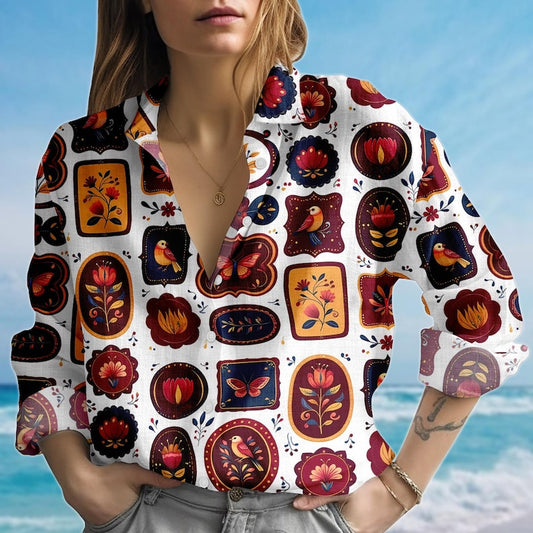 Joycorners Folk Art Bird Blouse Shirt, Boho Floral Women Shirt, Retro Butterfly Casual Shirt, Vintage Patterned Women Blouse Shirt, Gift For Her