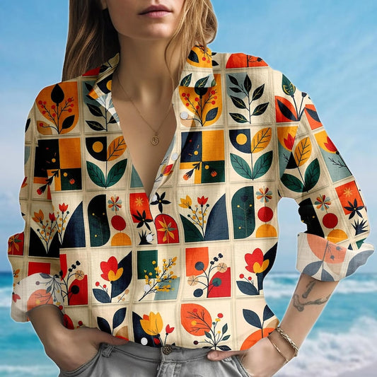 Joycorners Retro Abstract Floral Blouse Shirt, Colorful Botanical Geometric Shirt, Modern Art Women Shirt, Vintage Mod Casual Shirt, Gift For Her