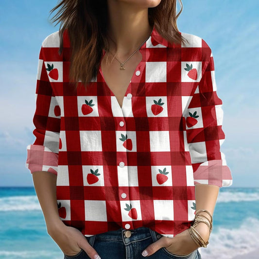 Joycorners Strawberry Gingham Blouse Shirt, Red White Plaid Fruit Shirt, Cute Summer Picnic Style Shirt, Retro Cottagecore Shirt, Gift For Her
