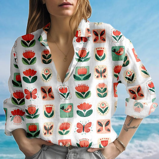 Joycorners Folk Tulip Butterfly Blouse Shirt, Red Green Floral Bird Women Shirt, Scandinavian Boho Casual Shirt, Cottagecore Shirt, Gift For Her