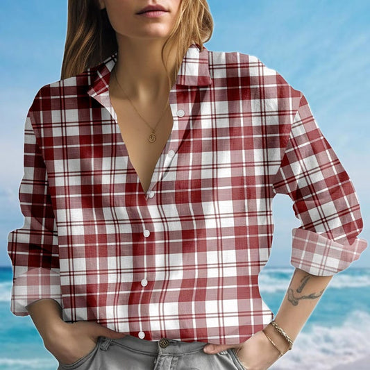 Joycorners Red White Plaid Blouse Shirt, Classic Gingham Check Shirt, Vintage Casual Long Sleeve Shirt, Fall Flannel Style Shirt, Gift For Her