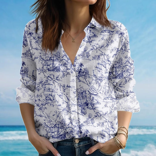 Joycorners Toile De Jouy Blouse Shirt, Vintage Women Shirt, French Style Floral Shirt, Cottagecore Shirt For Women, Birthday Gift For Her