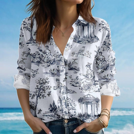 Joycorners Toile De Jouy Blouse Shirt, Vintage Scenic Women Shirt, French Cottagecore Casual Shirt, Victorian Style Shirt For Women, Gift For Her