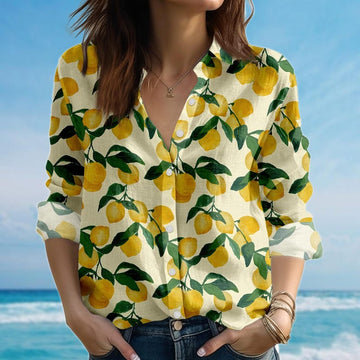 Joycorners Cute Lemon Blouse Shirt, Yellow Citrus Women Shirt, Mediterranean Fruit Casual Shirt, Summer Garden Aesthetic Shirt, Gift For Her
